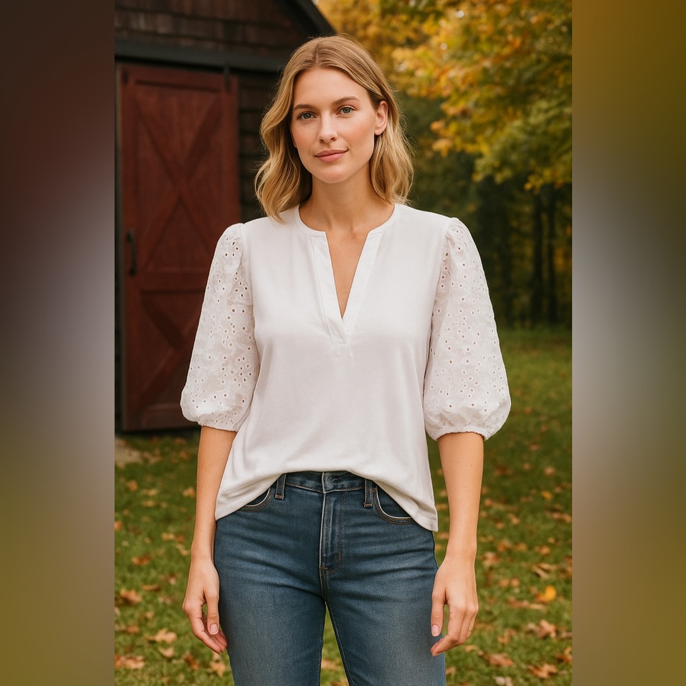 Anthropologie Dolan Eyelet Sleeve White Blouse Puff Popover Top Feminine Boho